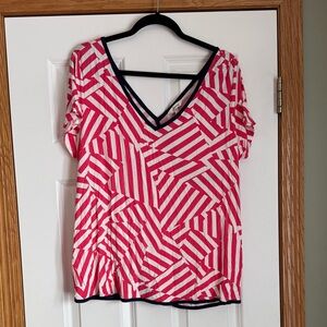 NWT Soma Pink and White Striped V-Neck Tee size XL Navy trim